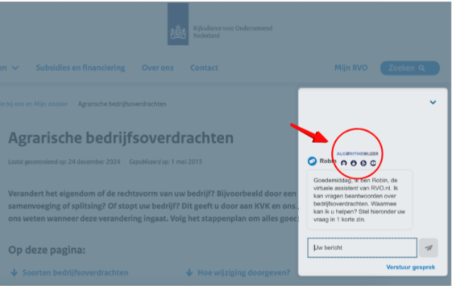 pilot voorbeeld RVO Chatbot Robin
